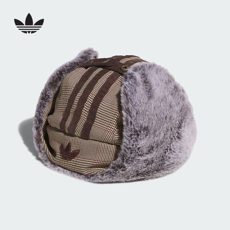 adidas阿迪达斯三叶草飞行员风格帽冬男女毛绒格纹护耳帽子IA8906