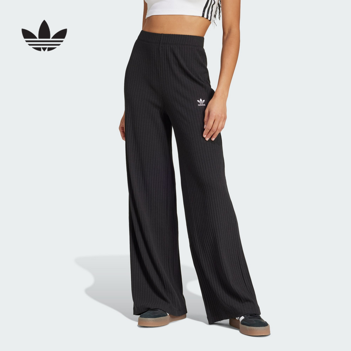 adidas阿迪达斯三叶草直筒运动裤2025夏女黑色修身针织长裤JD1499