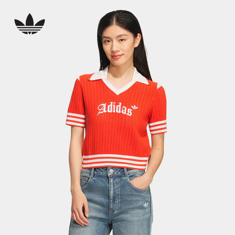 adidas阿迪达斯三叶草翻领针织运动衫女露脐短袖POLO衫T恤 KT3048