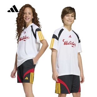 adidas阿迪达斯足球风V领运动半袖T恤夏男女大童短袖上衣 KH3799