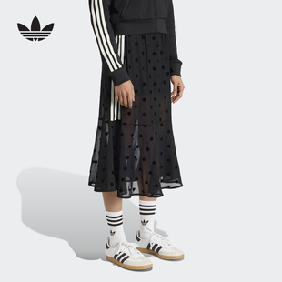 adidas阿迪达斯三叶草薄纱波点过膝中长裙2026夏女半身裙 KV1177