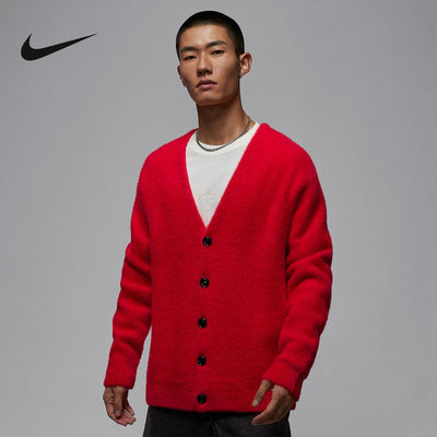 NIKE耐克红色外套男冬季Tatum塔图姆大V领毛绒针织开衫IH0613-657