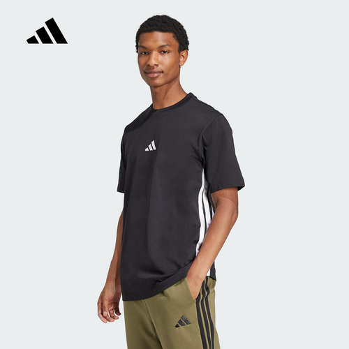 adidas阿迪达斯ESSENTIALS棉质三条纹半袖2026夏男短袖T恤 JD1906