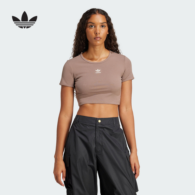 adidas阿迪达斯三叶草露腰紧身上衣半袖25夏女短款短袖T恤 JC9030
