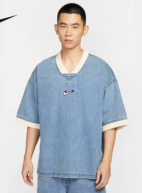 Nike耐克男子宽松复古V领牛仔短袖刺绣篮球运动上衣夏HV1919-436