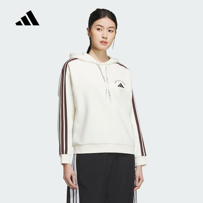 adidas阿迪达斯双面针织连帽衫25冬女三条纹SPORTSWEAR卫衣KC0034