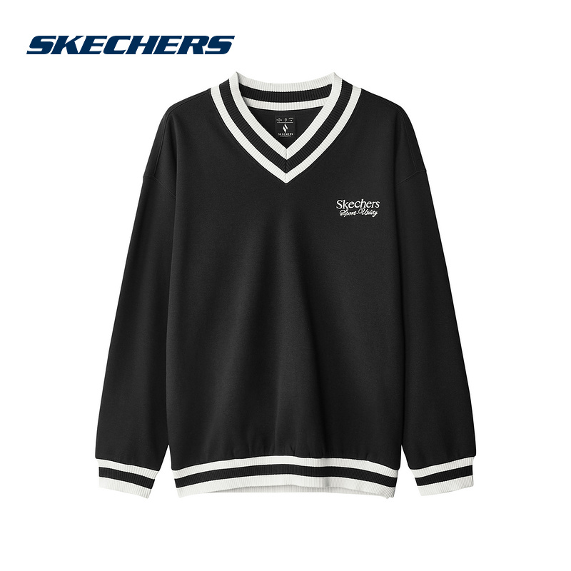 SKECHERS斯凯奇秋季男款黑色V领针织套头卫衣  L324M028-0018