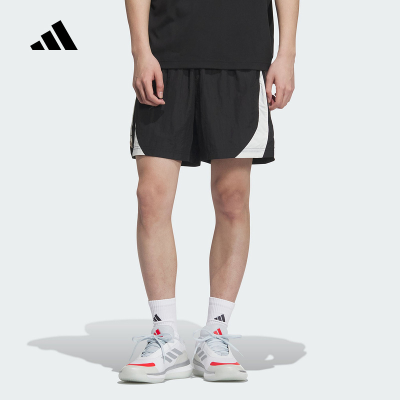 adidas阿迪达斯黑白撞色篮球中裤2025秋男女梭织五分短裤 KE5908