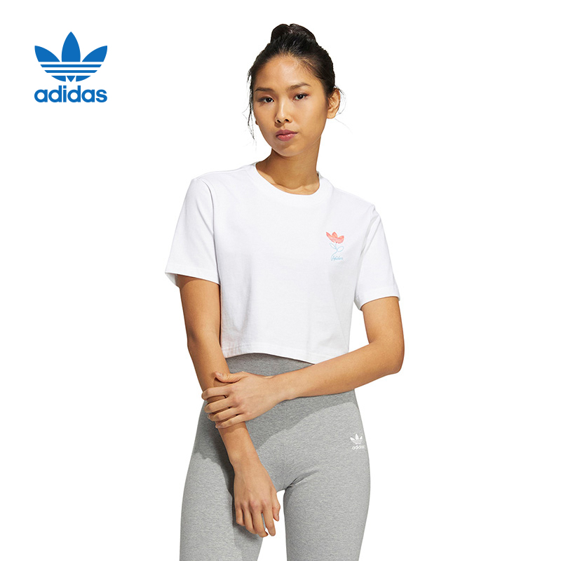 Adidas阿迪达斯三叶草短袖女装2023夏季新高腰短款露脐T恤HP0091