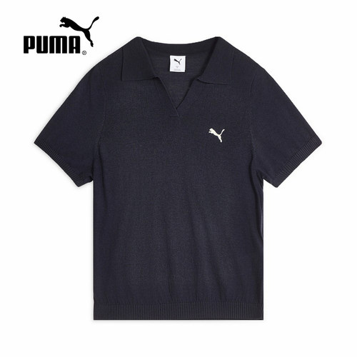 PUMA彪马夏季新款女子针织休闲上衣复古V领运动POLO短袖639722-16