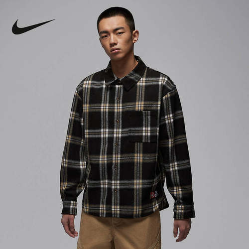 NIKE耐克男子长袖翻领格子衬衫26春新款Jordan图案上衣IB1904-010