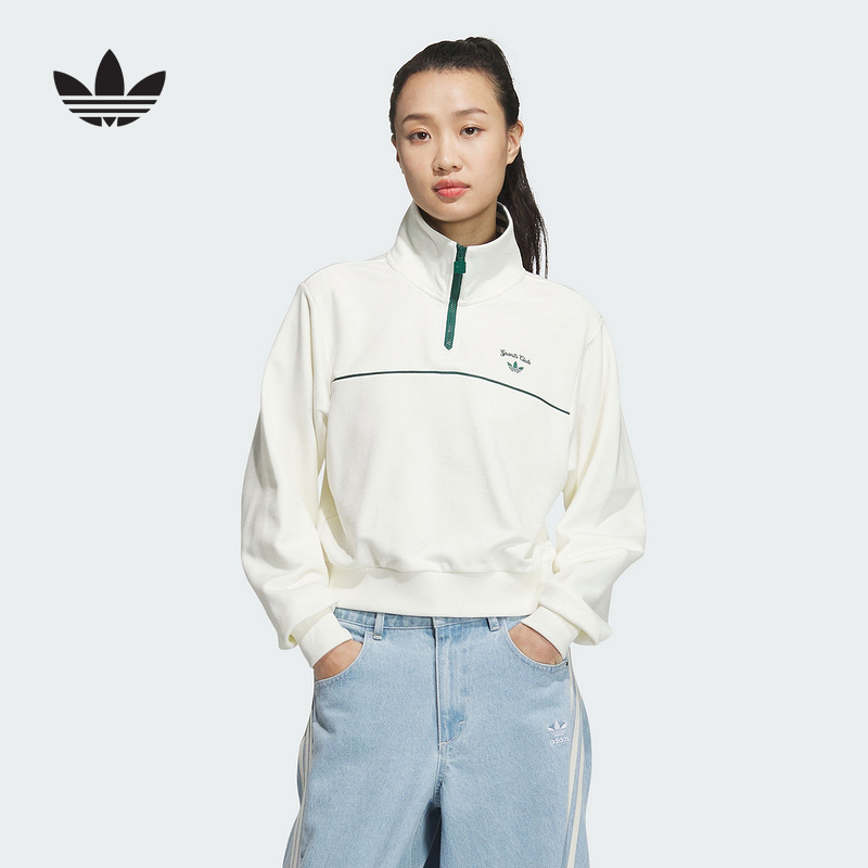 adidas阿迪达斯三叶草撞色套头衫2025春女1/2半拉链卫衣 JM8014