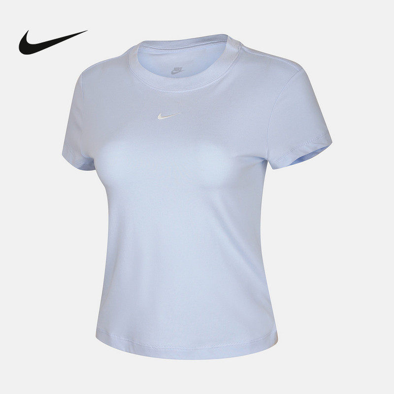 Nike耐克女短袖夏季刺绣圆领透气高腰短款蓝色运动T恤FV5509-407