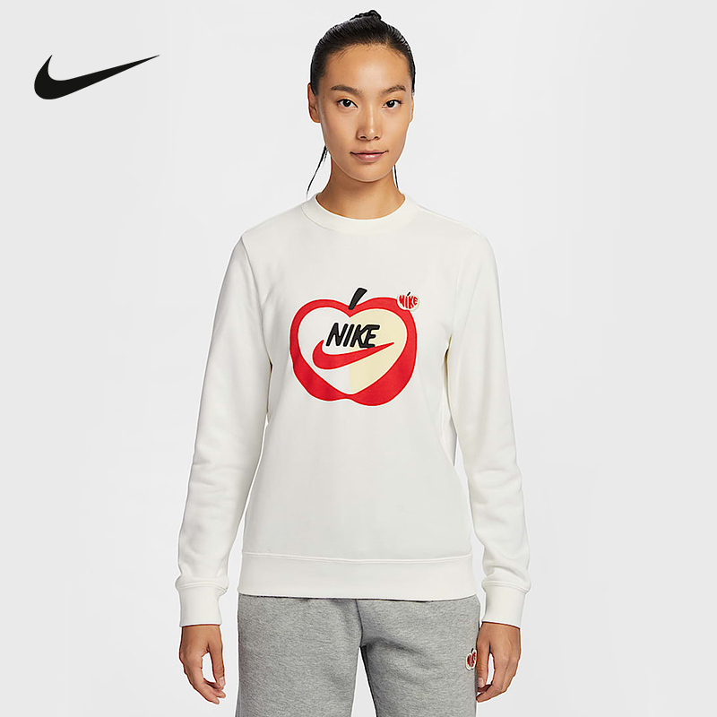 Nike耐克女子卫衣新款苹果印花法式毛圈圆领运动套头衫IB8232-133