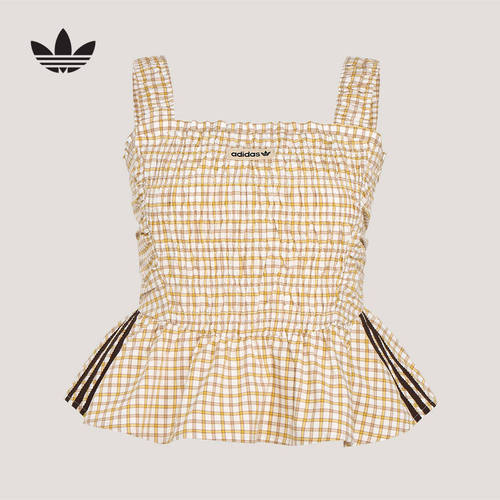 adidas阿迪达斯三叶草格纹荷叶边修身背心夏女格子呢吊带衫KX7036