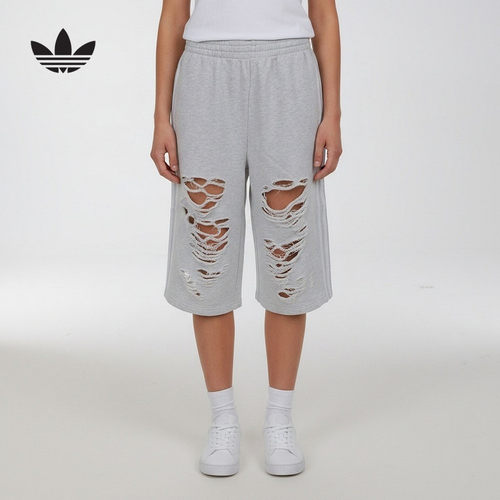 adidas阿迪达斯三叶草破洞款七分裤中裤秋女时尚针织短裤 LC6461