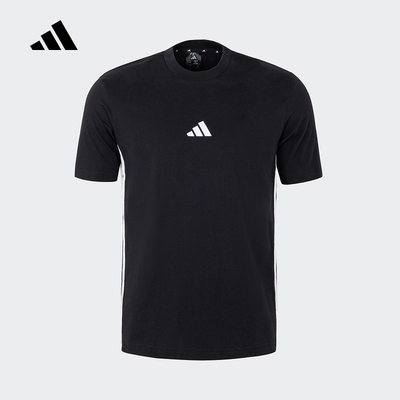 adidas阿迪达斯三条纹黑色半截袖2025春男棉质落肩短袖T恤 JY8564