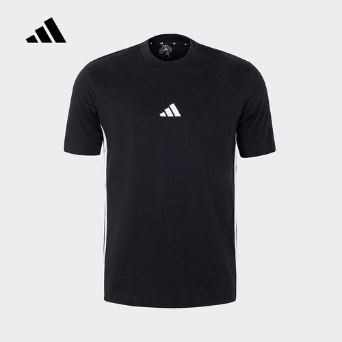adidas阿迪达斯三条纹黑色半截袖2025春男棉质落肩短袖T恤 JY8564