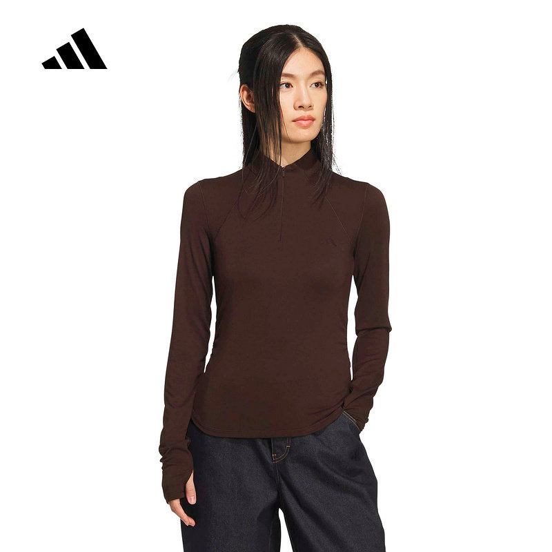 adidas阿迪达斯短款收腰半拉链紧身健身衣2026春女长袖T恤 KH2643