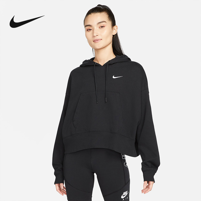NIKE耐克针织套头衫女装秋季新款黑色连帽短款卫衣上衣DM6418-010