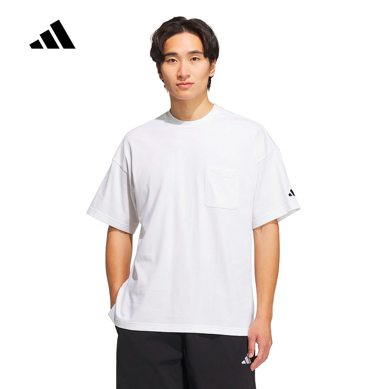 adidas阿迪达斯白色宽松大号半截袖胸前袋2026春男短袖T恤 JM2027