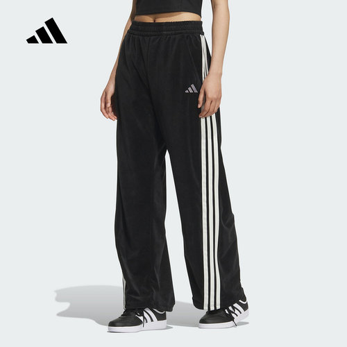 adidas阿迪达斯丝绒香蕉裤2025冬女舞蹈运动三条纹针织长裤KC0179
