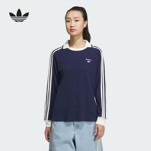 adidas阿迪达斯三叶草翻领T恤2025春女华夫格长袖POLO衫 JM8012