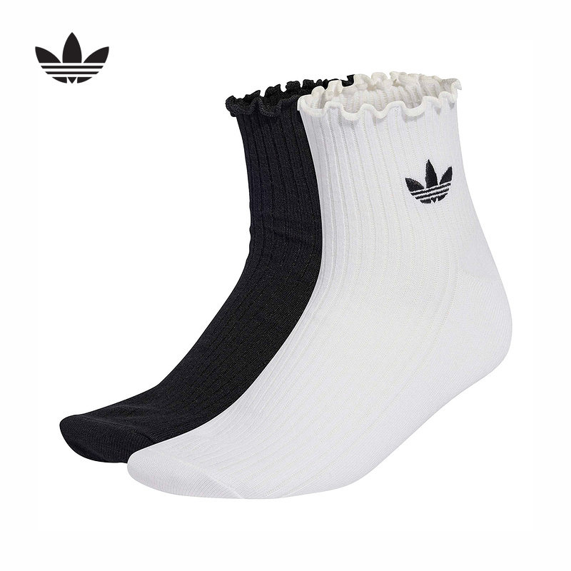 adidas阿迪达斯三叶草黑白荷叶边短袜2026春女两双装袜子 KD8367