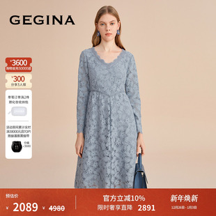 高档刺绣绣花连衣裙中长款 GEGINA吉吉娜新款 女裙商场同款 蕾丝