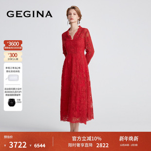 GEGINA吉吉娜红色镂空蕾丝连衣裙长袖 V领高端气质长裙商场同款
