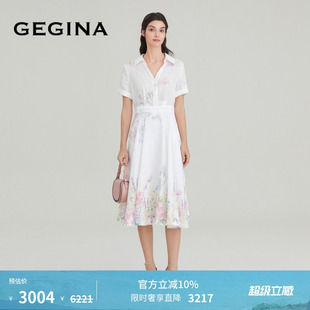 GEGINA吉吉娜女装 春夏商场同款 收腰印花连衣裙气质裙子 亚麻