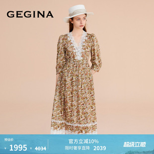 吉吉娜V领碎花Liberty塔那湖棉印花蕾丝拼接中长连衣裙 纯棉