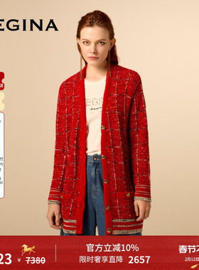 GEGINA吉吉娜毛呢提花红色针织衫外套保暖保暖高级外套商场同款