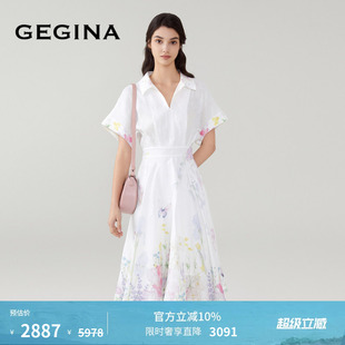 V领印花连衣裙亚麻收腰中长衬衫 裙子 春夏新品 GEGINA吉吉娜女装