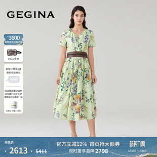 V领印花连衣裙收腰气质感裙子 GEGINA吉吉娜春夏商场同款 棉