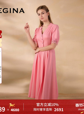 GEGINA吉吉娜早春季新品V领粉红色连衣裙蕾丝袖口中长款裙子女