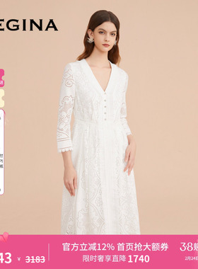 【蕾丝】GEGINA吉吉娜女装九分袖纯棉连衣裙V领蕾丝拼接高端裙子