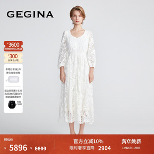 GEGINA吉吉娜V领白色蕾丝刺绣勾花连衣裙精致古典长裙商场同款