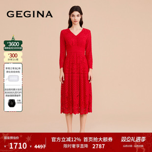中长款 GEGINA吉吉娜红色喜庆蕾丝高腰V领长袖 束腰连衣裙 蕾丝
