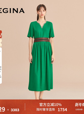 GEGINA吉吉娜女装商场同款V领绿色连衣裙短袖中长款女士A字裙子