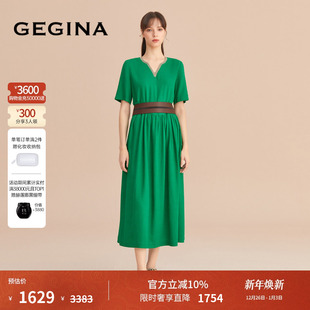 中长款 V领绿色连衣裙短袖 女士A字裙子 商场同款 GEGINA吉吉娜女装