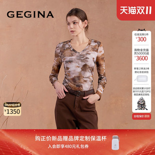 GEGINA吉吉娜2025秋冬季 复古印花T恤圆领轻薄时髦气质上衣女 新品
