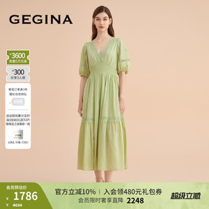 【蕾丝】GEGINA吉吉娜真丝绣花拼接连衣裙女士长款V领收腰A字裙子