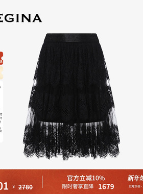 GEGINA吉吉娜春夏季新品蕾丝拼接黑色半身裙松紧腰显瘦气质裙子女