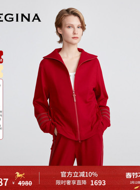 [绵羊毛]GEGINA吉吉娜红色羊毛针织开衫直筒保暖短外套商场同款