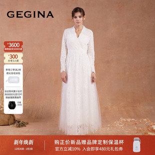 气质优雅裙子 V蕾丝连衣裙收腰礼服款 GEGINA吉吉娜2025秋冬季 新品