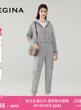 GEGINA吉吉娜女装春夏新品松紧腰休闲裤灰色舒适时尚运动裤子