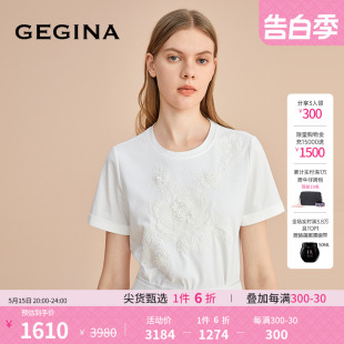 GEGINA吉吉娜新款 白色全棉纯棉蕾丝刺绣短袖 100%棉 T恤女上衣