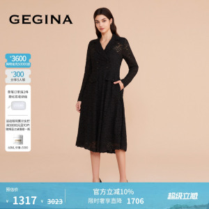GEGINA吉吉娜女装经典黑色连衣裙V领蕾丝高级感奢华裙子商场同款