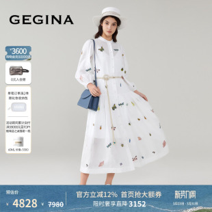 长袖 春夏商场同款 GEGINA吉吉娜女装 收腰连衣裙气质长裙 亚麻